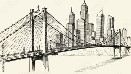 Wide perspective of an urban harbor bridge with a city skyline background