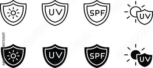 Dermatology Skin Care SPF Protection and Ultraviolet Radiation Shield Symbols for Sunscreen Product Labeling Design Vector Silhouette and Pictogram Icon Set.eps