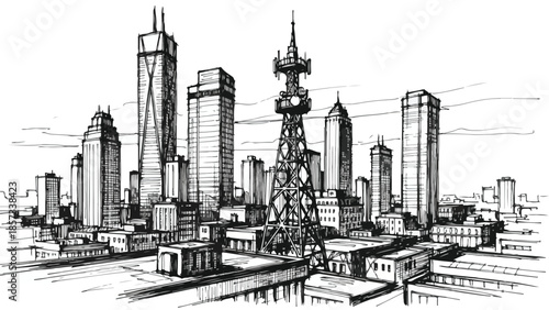 Detailed metropolitan city skyline sketch with a central telecommunications tower