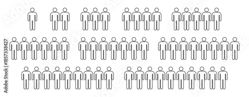 People 1, 2, 3, 4, 5, 6, 7, 8, 9, 10 icon set; crowd signs for participants, groups, and teams; population infographic silhouettes for organization, community, and audience membership