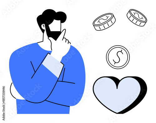 Financial planning, decision-making, investment choices, emotional value, wealth management, monetary concepts. A man thinking with coins and a heart symbol. Financial planning and emotional value