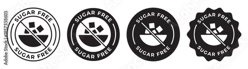 Set of sugar free badges and product labels; healthy food icons for diabetic friendly and natural nutrition; black minimalist vector illustration collection