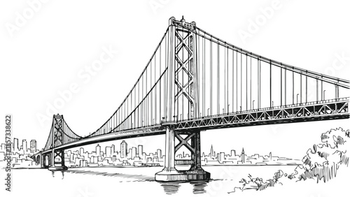 Perspective drawing of a long modern suspension bridge over a wide river