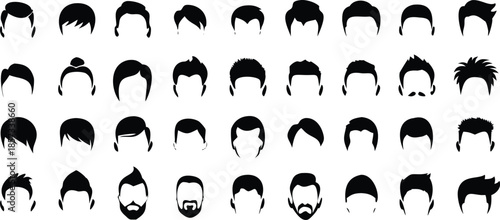 A collection of black and white drawings of different hairstyles. The drawings are all of the same size and are arranged in a row