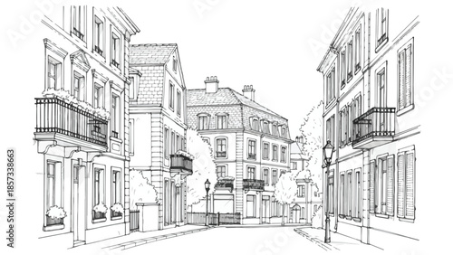 Perspective view of a narrow historic city street with traditional balconies