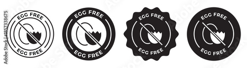 Set of egg free badges and product labels; healthy food icons for allergen free and vegan nutrition; black minimalist vector illustration collection