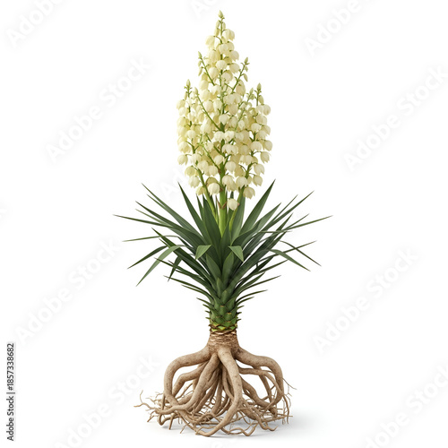 Mature yucca plant with roots and creamy bell-shaped flowers