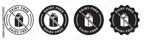 Set of dairy free badges and product labels; healthy food icons for lactose free and vegan nutrition; black minimalist vector illustration collection