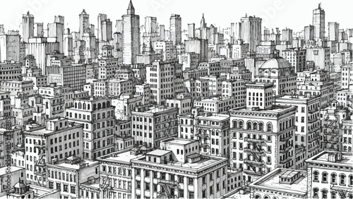 Dense panoramic sketch of a metropolitan city district with crowded buildings