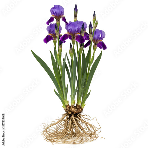 Mature iris plant with roots and purple bearded flowers