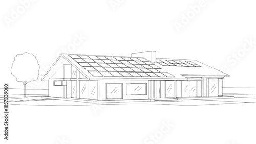 Modern sustainable long-house architecture with integrated solar panel roof system