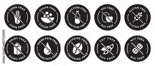 Set of food allergy free badges and organic product icons; gluten free, sugar free, and dairy free labels; black minimalist vector illustration collection