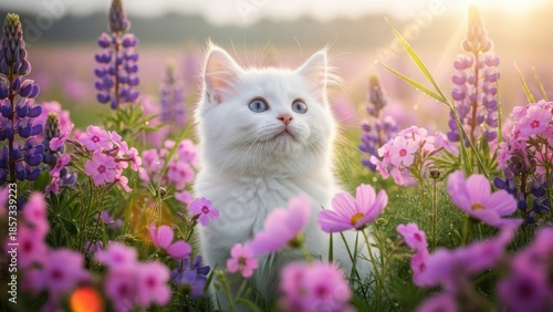 Adorable white kitten exploring vibrant flower field on sunny day