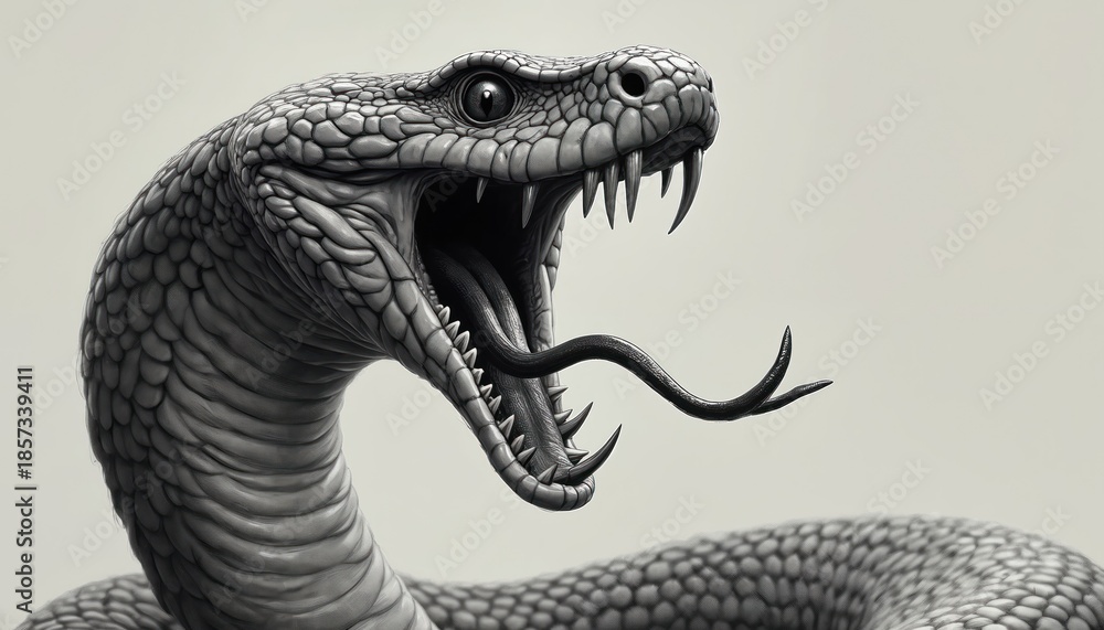 Fototapeta premium Snake with open mouth, sharp fangs, and forked tongue. Detailed scales and reptilian eye stare forward on plain background. Fierce predator illustration.
