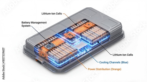 Cutaway diagram of a modern lithium-ion battery pack showing internal components and cooling system.