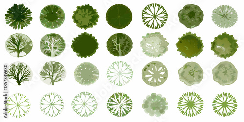 A collection of various green tree top views arranged in a grid pattern