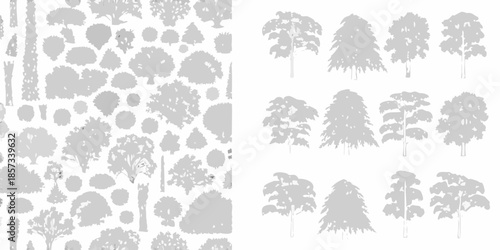 A collection of diverse tree silhouettes in shades of gray and white