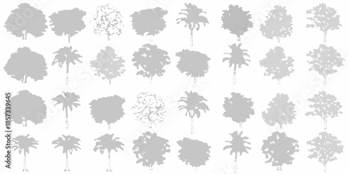 Collection of varied tree silhouettes in grayscale displaying different foliage types