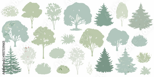 A collection of stylized trees in varied shapes and pastel green hues
