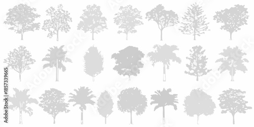 A collection of grayscale tree silhouettes depicting various forest types