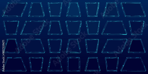 A collection of glowing blue smartphone outlines against a dark background