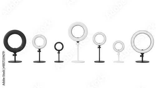 Ring Lights Set Display, Various Sizes and Designs, Studio Equipment, White Background, Product Photography