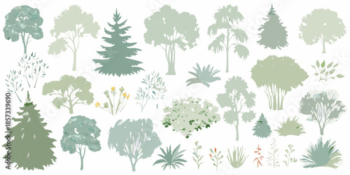 A collection of stylized trees bushes and floral arrangements in muted tones