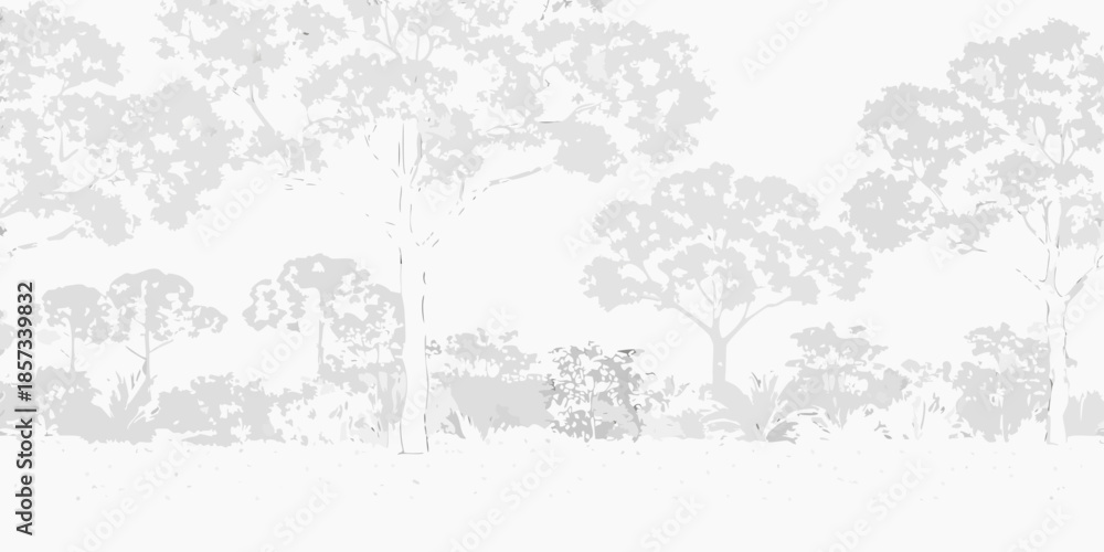 Fototapeta premium A grayscale landscape featuring several trees and sparse vegetation