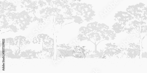 A grayscale landscape featuring several trees and sparse vegetation