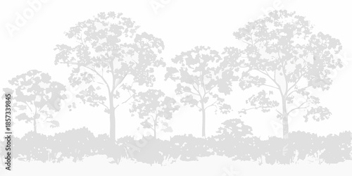 A grayscale silhouette of trees and bushes creates a peaceful landscape
