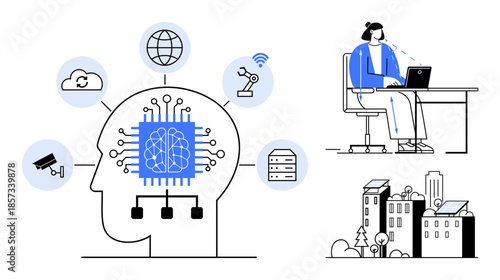 Artificial intelligence as brain circuitry with links to smart cities, remote work, automation, and cloud technology. Artificial intelligence transforming industries, work, and urban life. AI