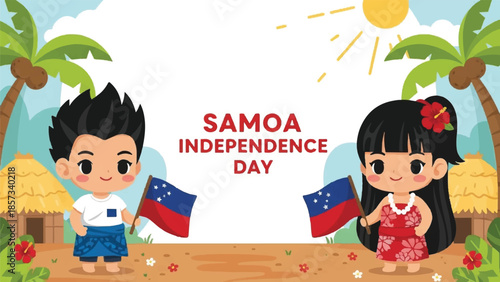 Samoa Independence Day. Cartoon children holding flags. Traditional hut and palm trees. Tropical background. Vector illustration. Holiday greeting card. Cultural celebration. Samoa flag.