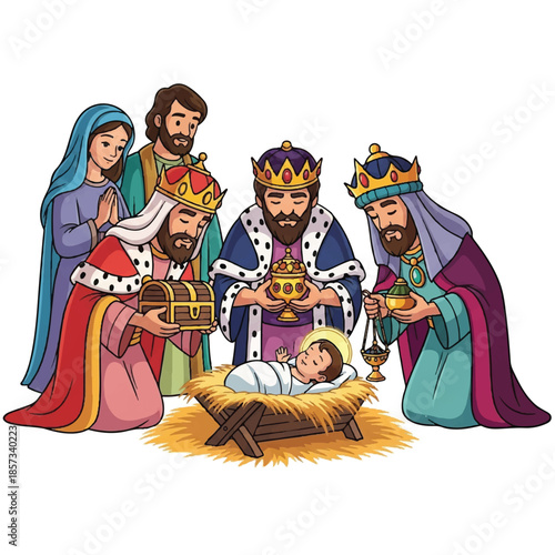 Nativity scene with holy family and three wise men. Cartoon illustration of Mary, Joseph, Jesus, and Magi. Christmas and New Year holiday characters. Vector graphic for holiday greeting