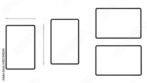 Four digital tablet devices displayed on white background, technology gadgets, top-down view, minimalistic layout