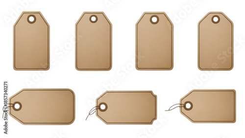 Set of Eight Blank Vintage Paper Tags with String Attachments on White Background