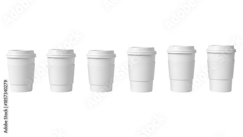 Row of Disposable Coffee Cups in Studio Setting with White Background Illustration