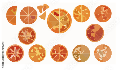 Many pizza flavors flat vector set with pepperoni cheese chicken and beef pizzas