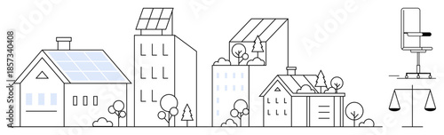 Sustainable energy, eco urban design, environmental balance, law equity, green architecture, renewable power. Buildings with solar panels and greenery, chair and scale. Sustainable energy and eco