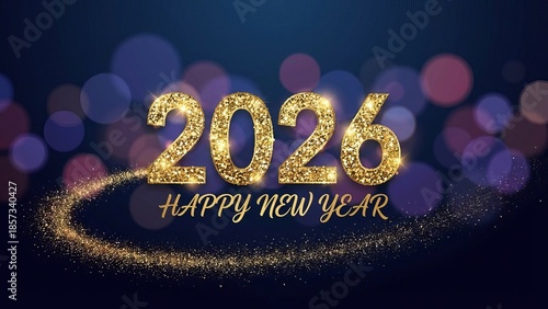 2026 Happy New Year Gold Glitter Text with Magic Dust Trail and Bokeh