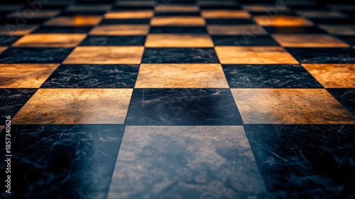A vintage black and marble checkered chessboard pattern creates a geometric stone tile texture with a perspective view of the square surface
