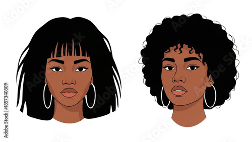 Illustration of diverse women with different hairstyles and earrings against a white background