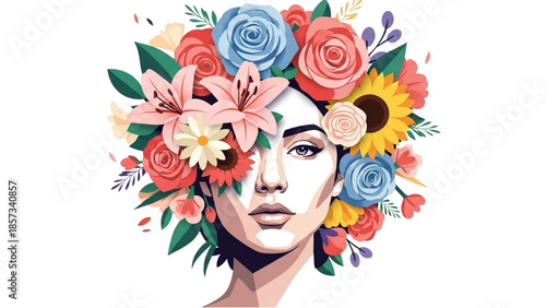 A serene illustration of a woman's face surrounded by vibrant flowers and lush greenery from a frontal viewpoint