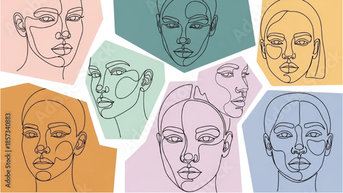 Multiple line drawings of people's faces in various colors and shapes
