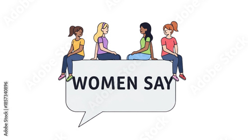 Diverse women sitting together in a speech bubble discussing social issues
