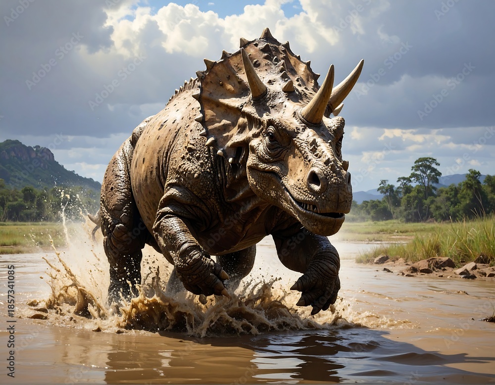 Fototapeta premium Large triceratops running through water in a grassy, scenic environment