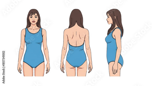 Illustration of a woman in a blue swimsuit from multiple angles against a white background