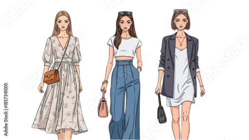 Three women walking in different outfits and carrying handbags