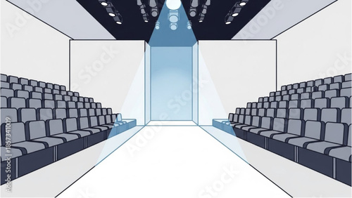 An empty auditorium with rows of chairs facing a stage under bright lights from above