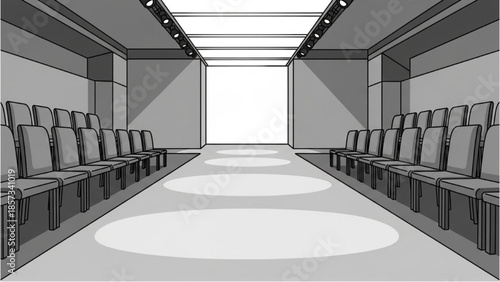 A long corridor with rows of chairs facing forward in a brightly lit large empty room