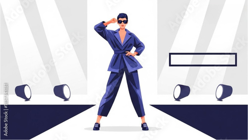 A confident woman stands on stage with spotlights shining down on her